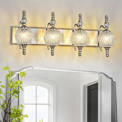 Modern Crystal Bathroom Vanity Lights Fixtures Over Mirror Brushed Nickel Vintage 4-Lights 28 Inch Bathroom Light Fixtures Glass Crystal Vanity Lights