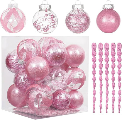 XmasExp 32ct Christmas Ball Ornaments Set -Pink Clear Plastic Shatterproof Xmas Tree Ball Decorations Hanging Baubles for Holiday Decor