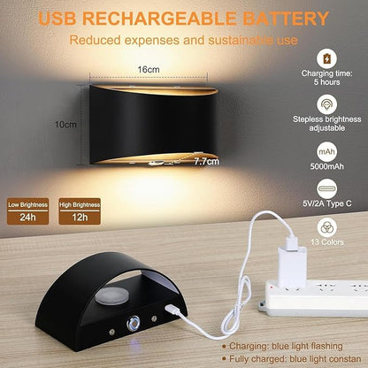 Lightess Rechargeable Wall Sconce, 13 RGB Colors Battery Operated Wall Sconces with Remote & Touch Control, Cordless Wall Lamp Black, Stick On Wall Lights for Bedroom