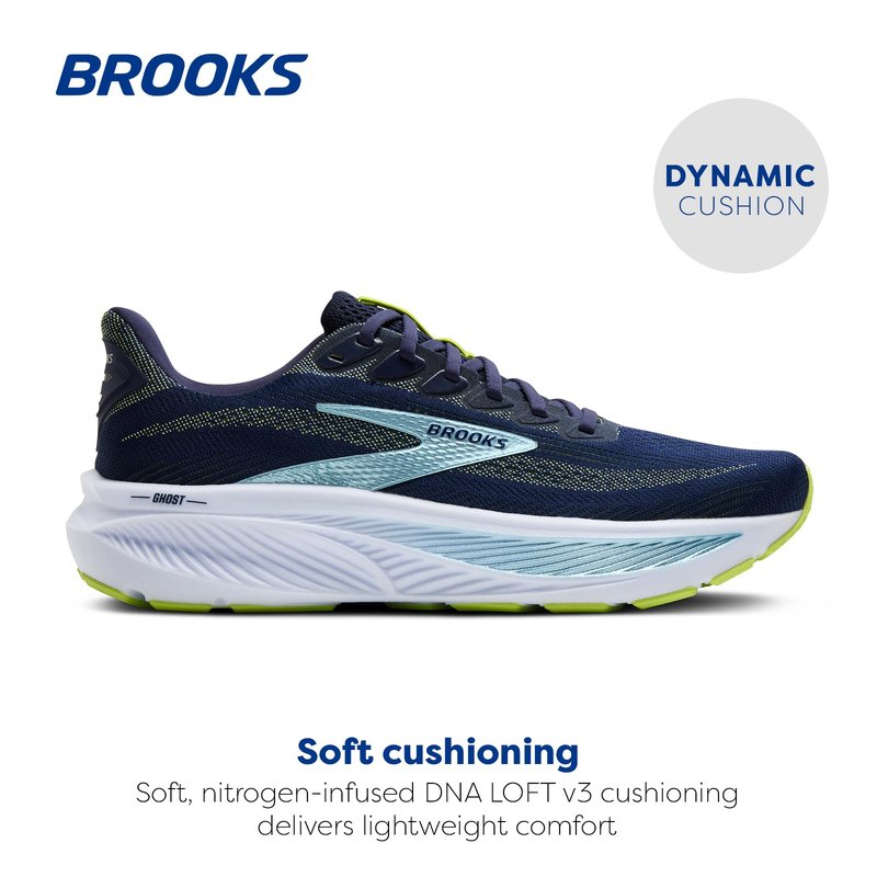 Brooks Men’s Ghost 17 Neutral Running Shoe - Peacoat/Lime/Blue - 9 Narrow