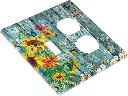 Decorative Light Switch Cover Plate Rustic Vintage Wood Planks Sunflower Butterfly 2 Gang Outlet Covers 1 Toggle 1 Duplex Wall Plate Decorate Electrical Switch Plate Covers for Bathroom Home Decor