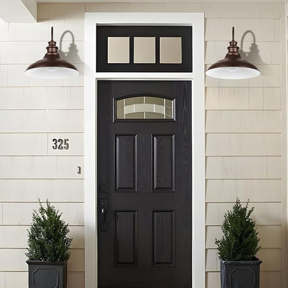 Dusk to Dawn Sensor Outdoor Barn Light Fixtures, 16 Inch Dome Farmhouse Outdoor Wall Sconces, Rustic Gooseneck Exterior Wall Mount Lights, Industrial Bronze White Wall Lanterns for Porch, 2 Pack