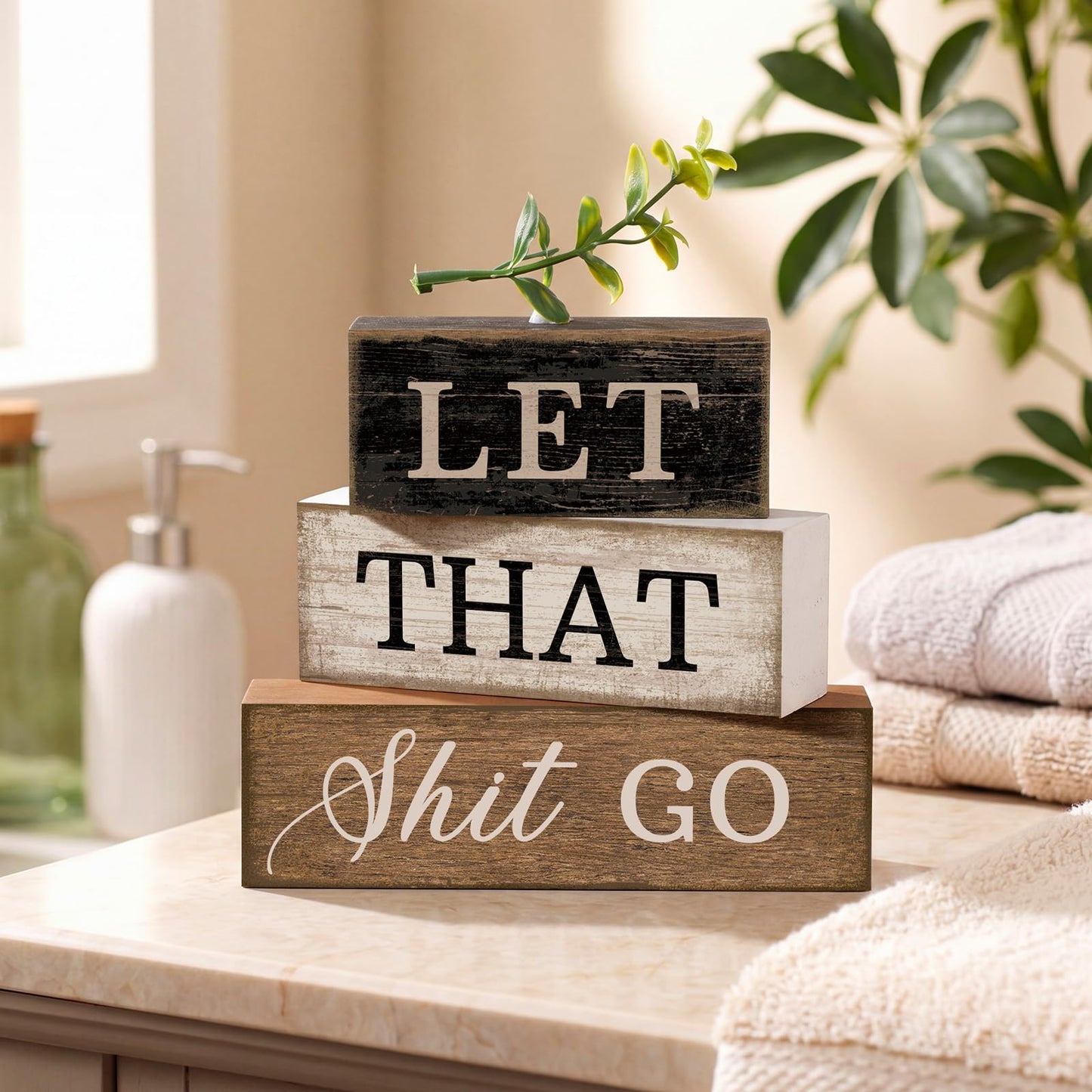 Moucuny 4 Pcs Bathroom Shelf Decor Sign Farmhouse Bathroom Decor and Accessories Rustic Eucalyptus Leaves Wood Block Sign Gift Let That Shit Go Funny Farmhouse Table Centerpiece for Home Office Toilet