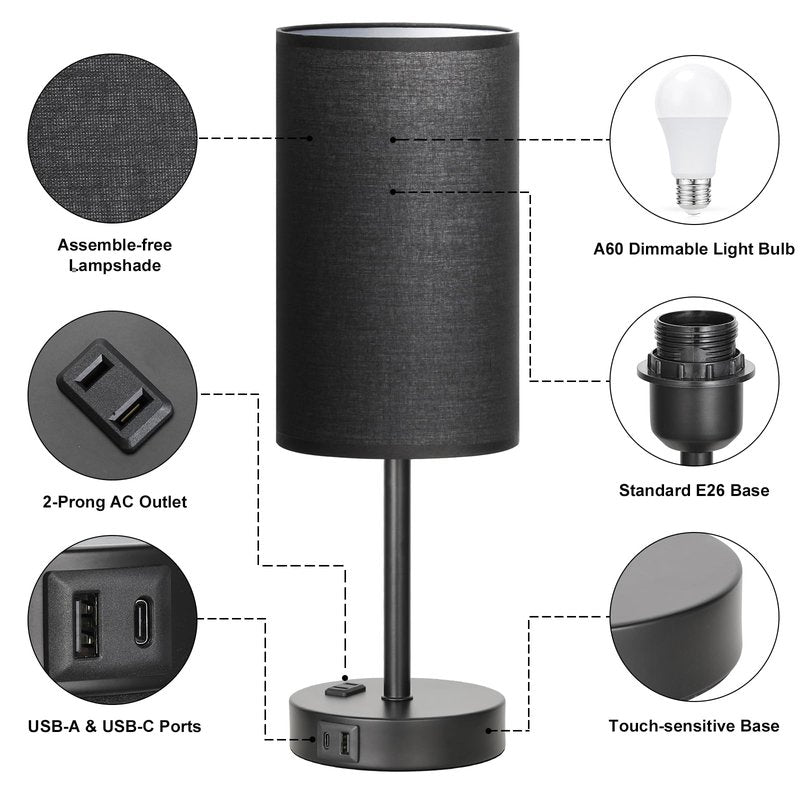 Fenmzee Touch Nightstand Lamp - Black, 3-Way Dimmable, USB A + C Charging, AC Outlet, 17.4inch Medium