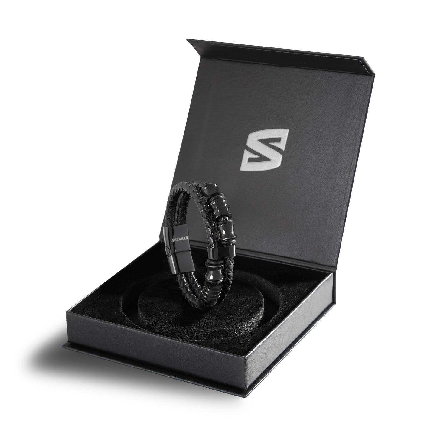 SERASAR 8″ Black Leather Bracelets for Men Mens Cowhide Gift Box Braided Bracelet Stainless Steel Jewelry Wrist Band Cuff Wrap Rope Bangle Dad Man Pulseras para Hombres Cuero Regalo