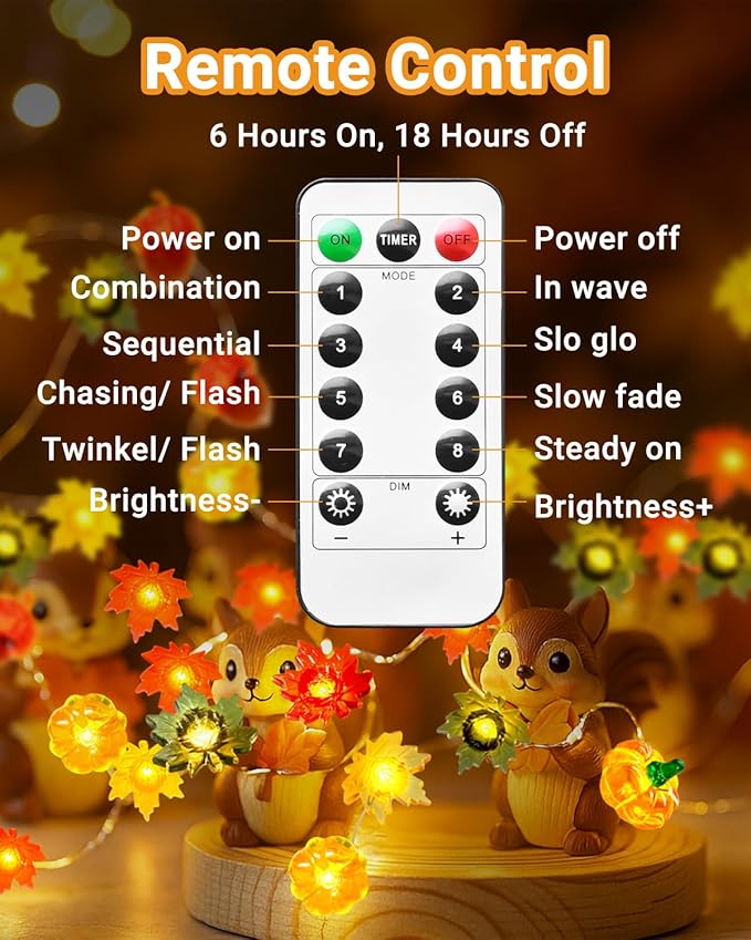 btfarm Fall Decor 16.4FT 50 LED 3D Pumpkin Maple Leaf Acorn Fairy String Lights Battery Operated with Remote Timer, Thanksgiving Decorations Waterproof for Home Autumn Harvest Halloween Party