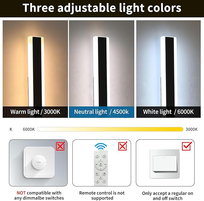 2 Pack Outdoor Porch Light, 23.6inch Modern LED Wall Sconce, IP65 Waterproof Exterior Light Fixture, 3 Color Lights 3000K/4500K/6000K, 24W, Outdoor Lighting for Patio, Yard, Garage