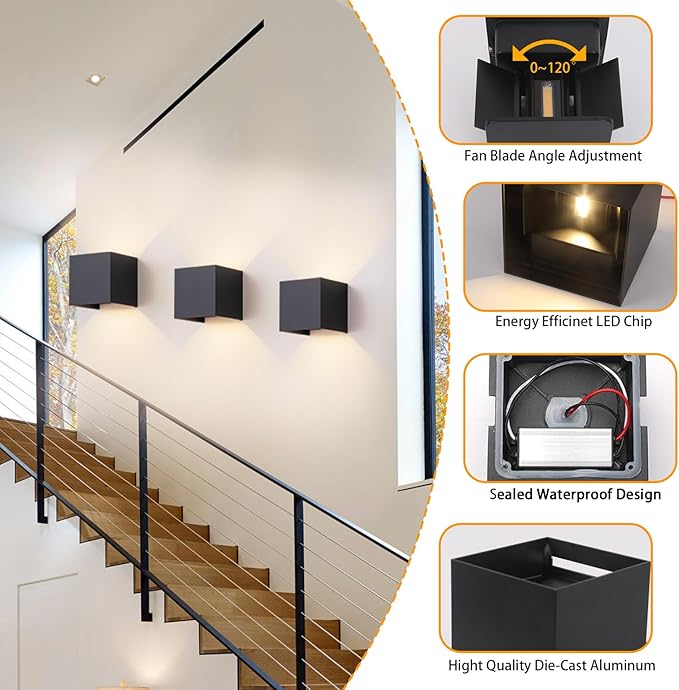 4 Pack Outdoor Wall Sconces Exterior/Interior LED Wall Lights,Square Modern Wall Sconce Fixture Set, Up and Down Lights IP65 Outdoor Waterproof Lights, 12W Warm Light 3000K Wall Light.