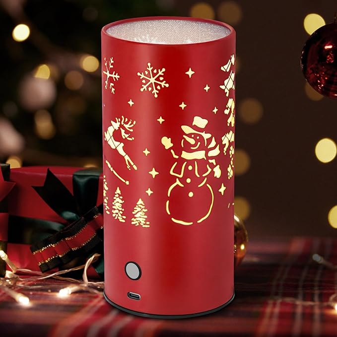 Christmas Table Lamp with Hollow-Out Design - Rechargeable Touch Control Dual Color LED, Warm/Cool White Metal Decor for Home Desk Party, 1200mAh Battery(Red)
