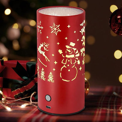 Christmas Table Lamp with Hollow-Out Design - Rechargeable Touch Control Dual Color LED, Warm/Cool White Metal Decor for Home Desk Party, 1200mAh Battery(Red)