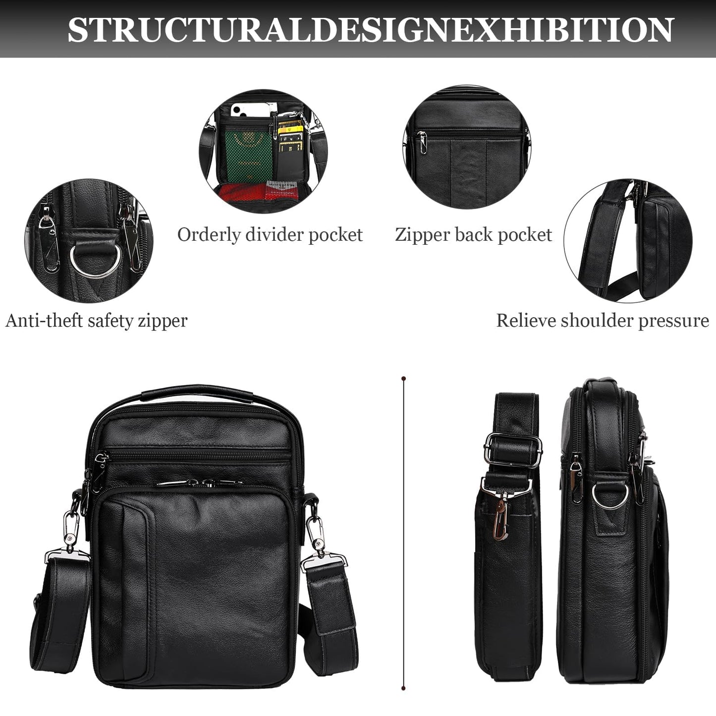 Ariscobull - Leather Small Messenger for Men - Women Shoulder Chest Travel Bag - Crossbody Bag (Black)