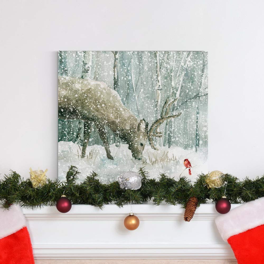 Renditions Gallery Reindeer and Cardinal Wall Art, Cute Christmas Artwork, Snowy Winter Forest, Scenic Nature, Premium Gallery Wrapped Canvas Decor, Ready to Hang, 24 in H x 24 in W, Made in America