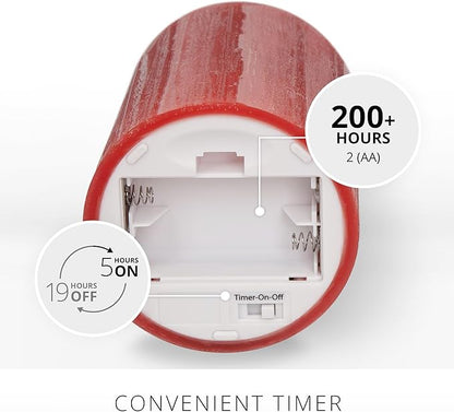 Luminara Selenite Looking Flameless Candle, Holiday Red 3" x 4.5", Battery Operated Real Wax Moving Flame LED Pillar w/Timer, Home Decor Unscented
