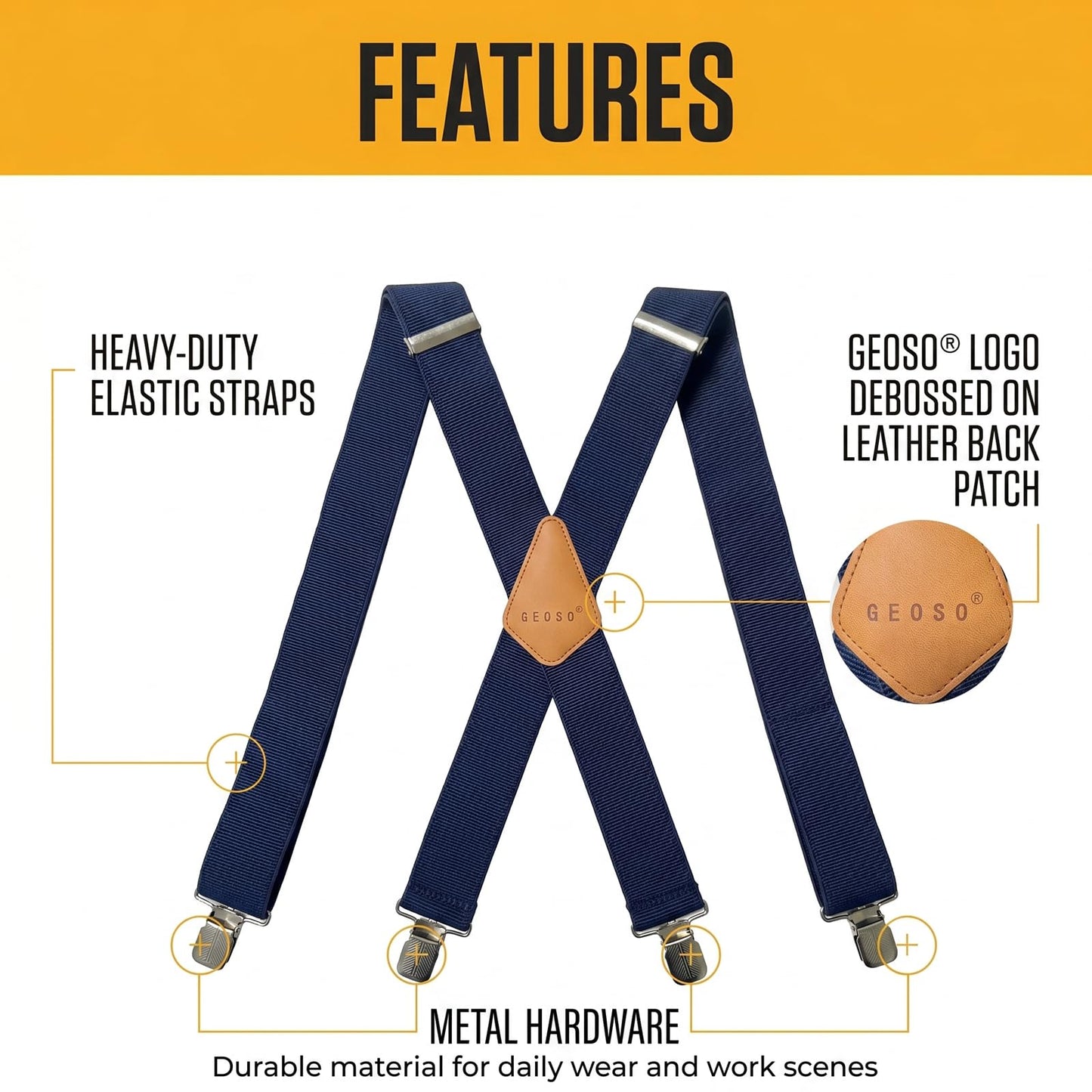 GEOSO Work Suspender, 2-Inch Wide Elastic Clip-on Suspenders for Men, Heavy-Duty Pants Suspender Blue