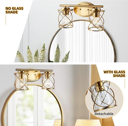 Mavcadonf Modern Vanity Lights with Cage Shade, 2 Lights Over Mirror, Brushed Gold Vanity Light for Bathroom, Kitchen, Bedroom