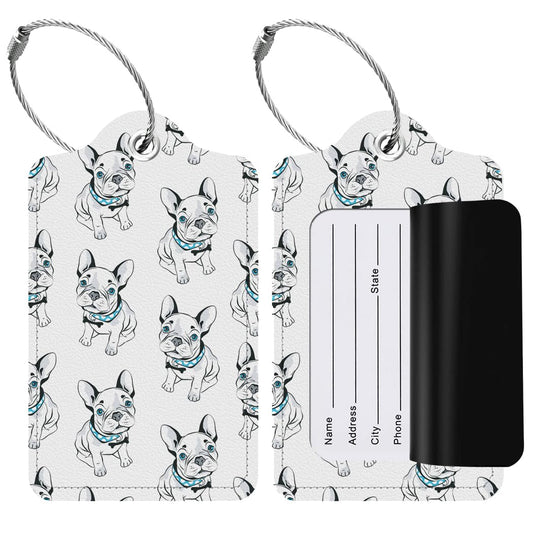 Pack of 2, Vegan Leather Luggage Tags (French Bulldog Pattern) Suitcase ID Tags with Privacy Cover for Baggage, Backpack, Travel Bag, Kids, Women, Men