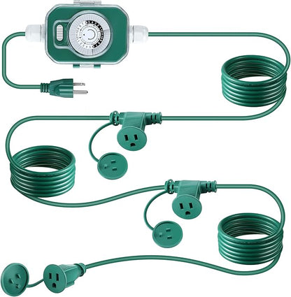 Feekoon 40FT Outdoor Extension Cord Splitter with Timer, Waterproof 3-Outlet Cord with Safety Cover 16/3 SJTW Weatherproof Power Cable for Outdoor Halloween Christmas Decorations Garden Lights