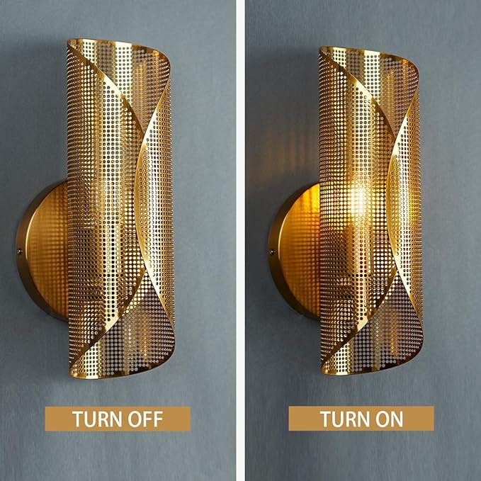 Industrial Cylindrical Aged Brass Curved Perforated Wall Sconce, 21 Inch Hand-Made Wall Mounted Light, Luxury Wall Light for Hallway, Bedroom, Living Room (1-Light)