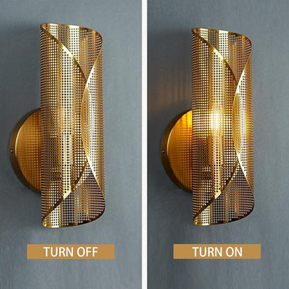Industrial Cylindrical Aged Brass Curved Perforated Wall Sconce, 21 Inch Hand-Made Wall Mounted Light, Luxury Wall Light for Hallway, Bedroom, Living Room (1-Light)