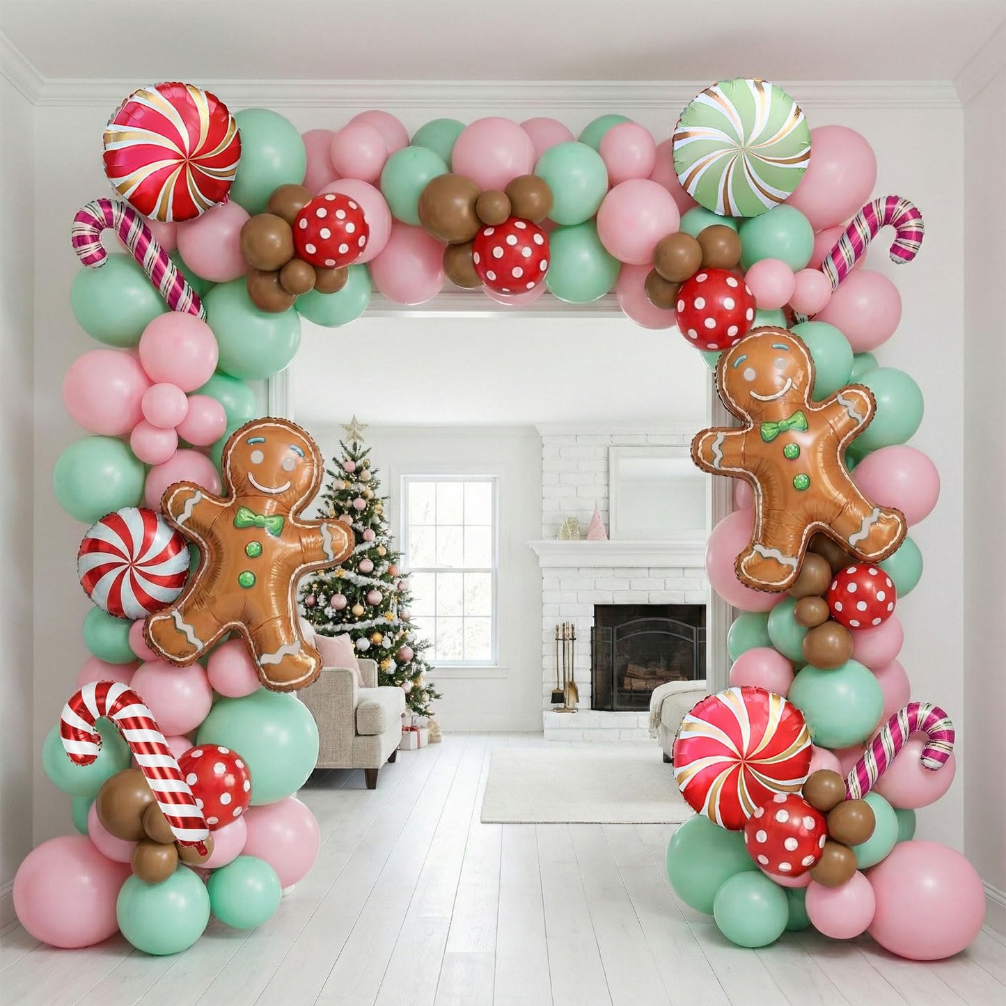 Christmas Balloon Garland Arch Kit 126Pcs Large Gingerbread Man Cane Foil Red Green Lollipop Candy & Mint Pink Cocoa Balloons for Xmas New Year Party Decorations