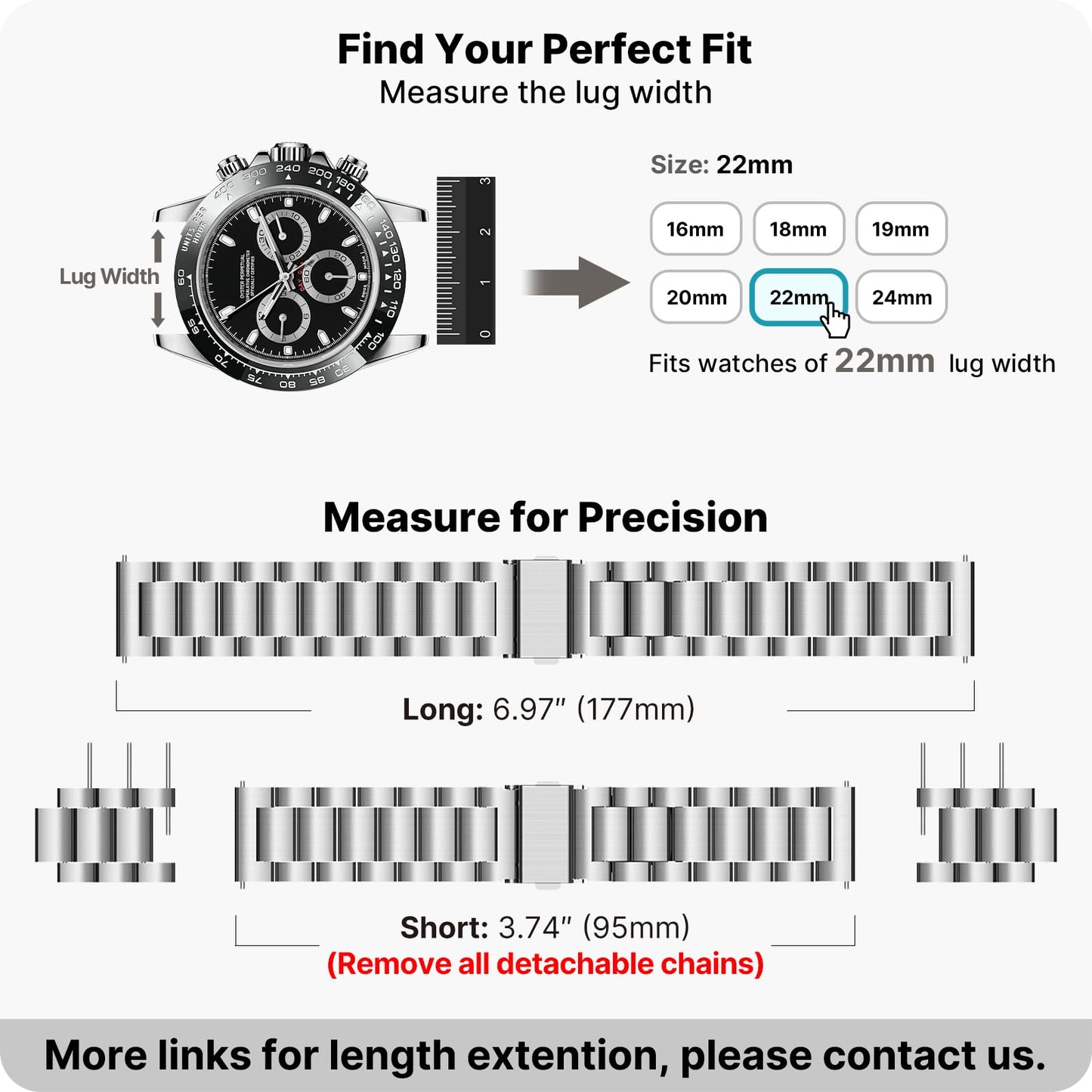 Fullmosa Stainless Steel Watch Band 16mm 18mm 19mm 20mm 22mm 24mm, Quick Release Metal Replacement Strap with Removable Links, Includes Spring Bars & Link Removal Tool for Men Women (22mm, Silver)