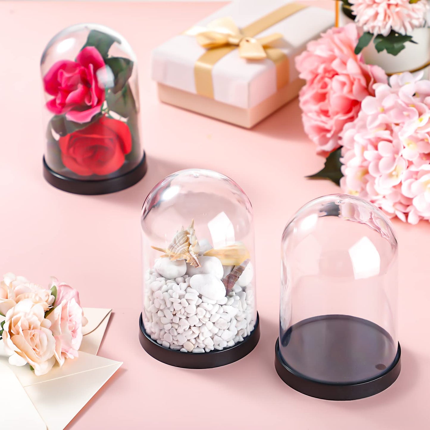 Zhengmy Plastic Dome Display Case Cloche Bell Jar with Base Clear for Collectibles Rose Office Home Tabletop Centerpiece Decoration(4 Pieces)