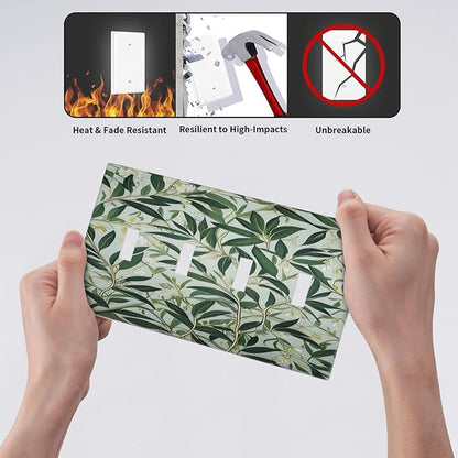 Sage Eucalyptus Leaves Foliage Light Switch Covers Quad Toggle 4 Gang Wall Plate Decorative Switchplate Electrical Faceplate for Farmhouse Bathroom Living Decor