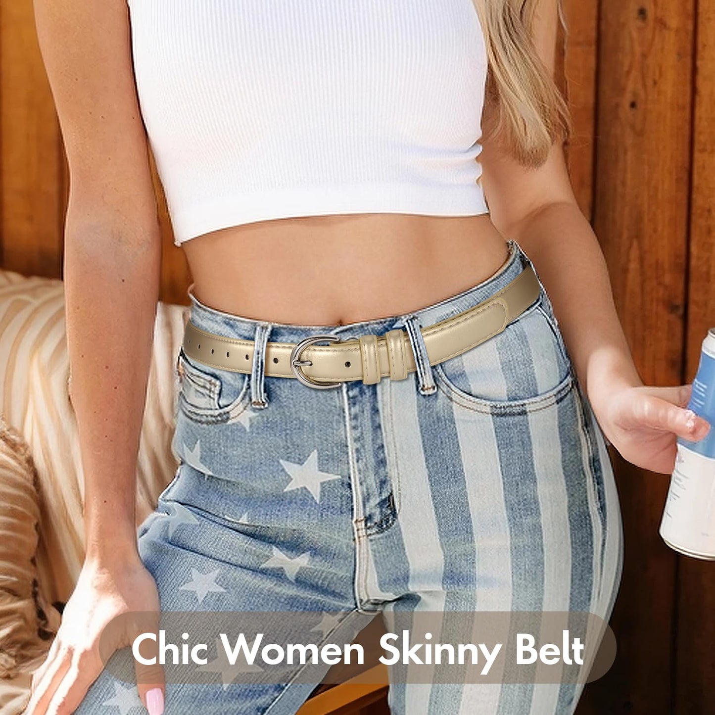 SANSTHS Women Leather Belt for Jeans Pants Fashion Ladies Skinny Belt for Dresses Thin Belt with Single Prong Buckle,Gold,S