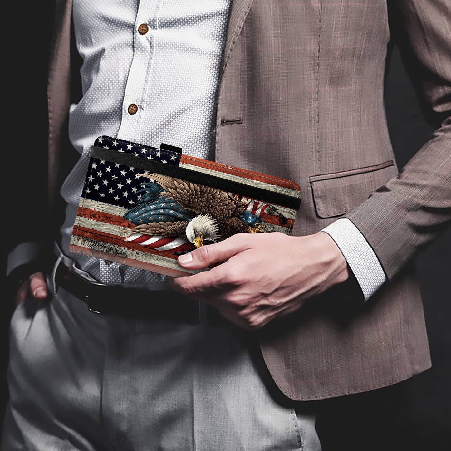 FUYOCWE Leather Checkbook Cover for Men Women Check book Holder Cover Wallets for Personal Checkbook Checks with RFID Blocking & Elastic Strap-Bald Eagle with Flag