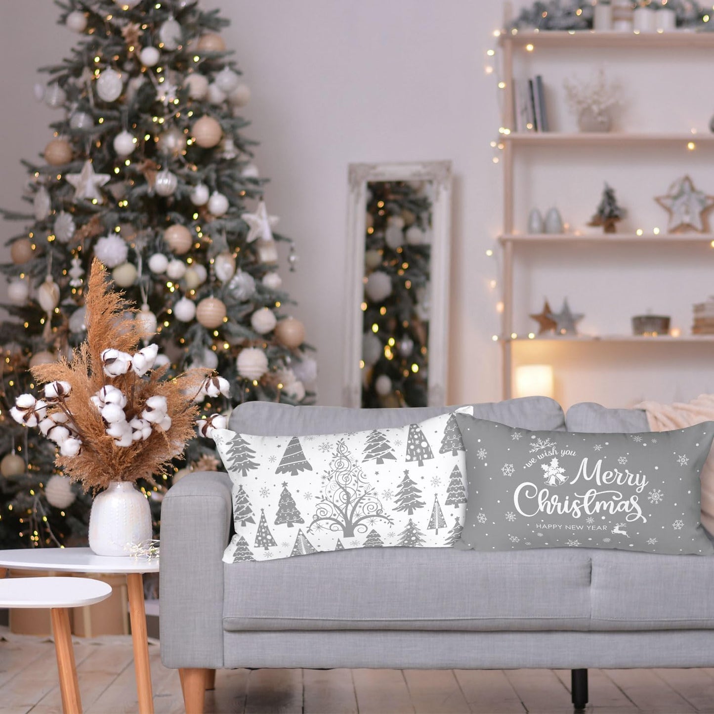 Lanpn White and Grey Christmas Lumbar Throw Pillow Covers 12x24 Set of 4, Decorative Long Gray Winter Snowflake Xmas Cushion Covers Pillow Cases for Home Bedroom Room Holiday Couch Decor Decorations