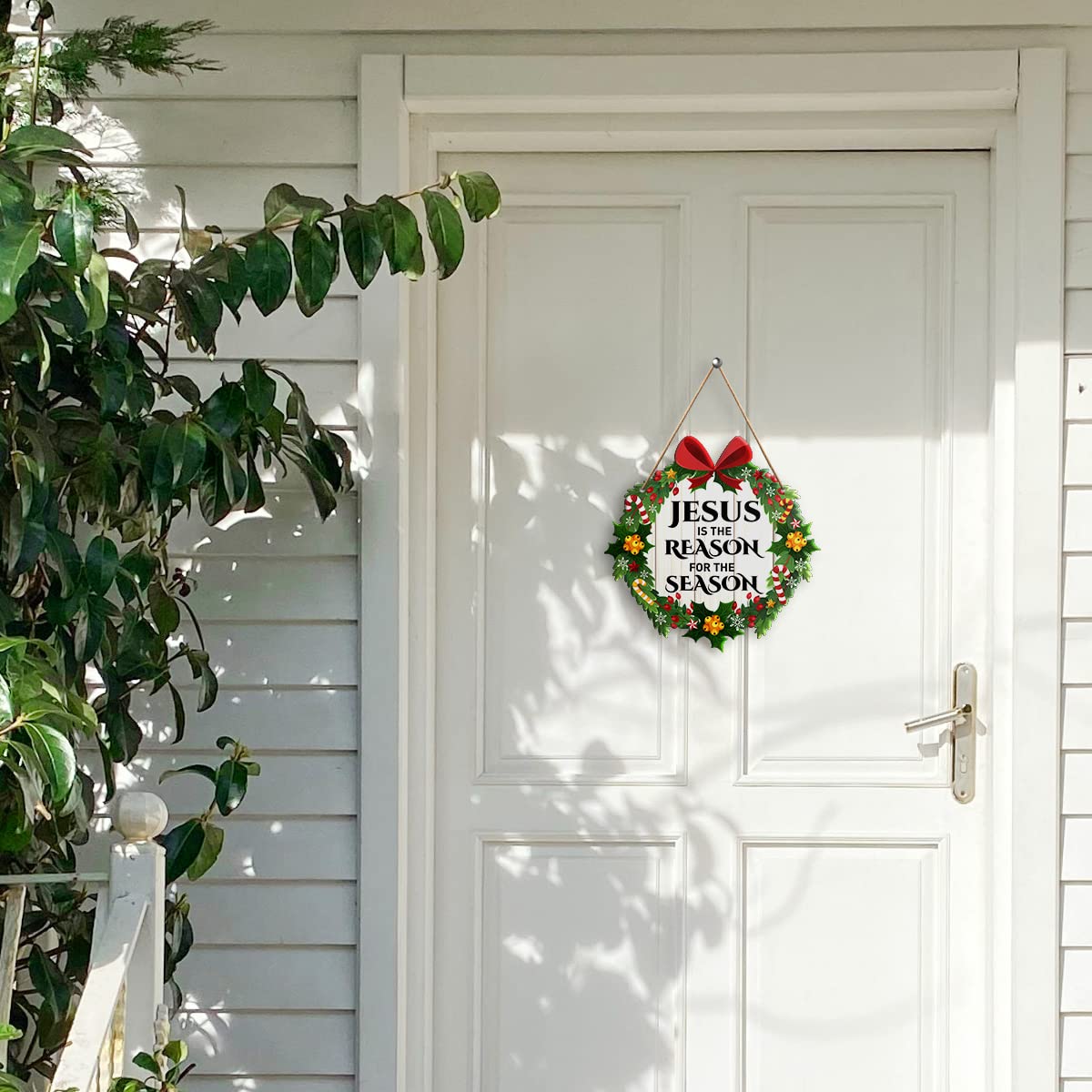 Jesus Is The Reason Wall Decor Sign - Religious Christmas Home Sign for Front Door Porch Decorations - Wood Hanging Plaque