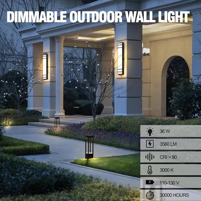 Sytmhoe Exterior Wall Lights,2Packs 36w Dimmable LED Modern Porch & Patio Wall Light Fixture, 23.6in Black Exterior Sconce Wall Mounted Lights Suitable for Garage Living Room Courtyard House(3000K)
