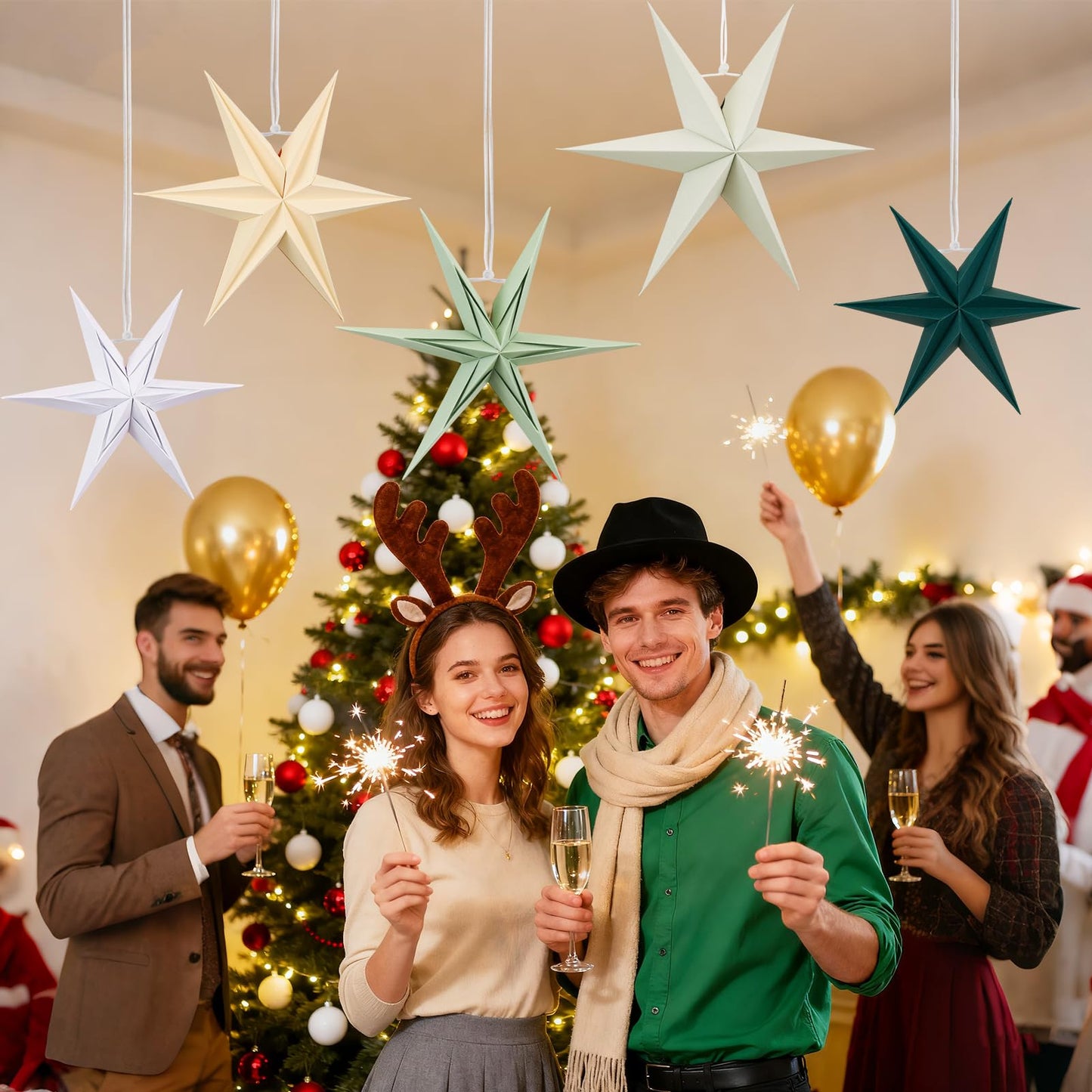 Paper Stars Christmas Party Decorations, 5PCS 6-Pointed Paper Star Hanging Decoration Set Holiday Decor Stars Shape Landerne for Birthday Party Tree Xmas Home Decor