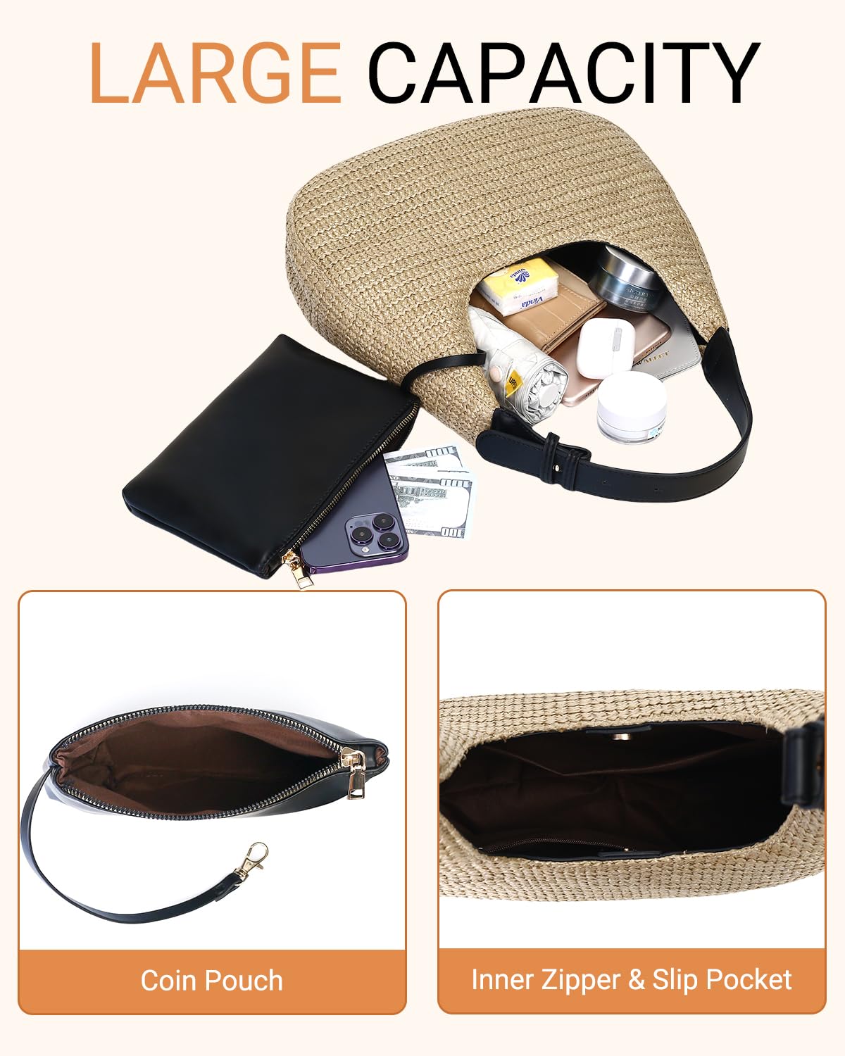 Herald Hobo Crescent Straw Handbag for Women, Summer Beach Tote Bag Purse Top Handle Satchel with Adjustable Strap (Brown)