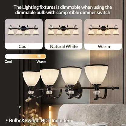 ANDY STAR Modern Bathroom Light Fixtures, 4-Light Vanity Lights, 28 inch Farmhouse Wall Sconces, Black Wall Lamp with Milky Glass, Well-Made Bathroom Lighting Fixtures Over Mirror for Living Room