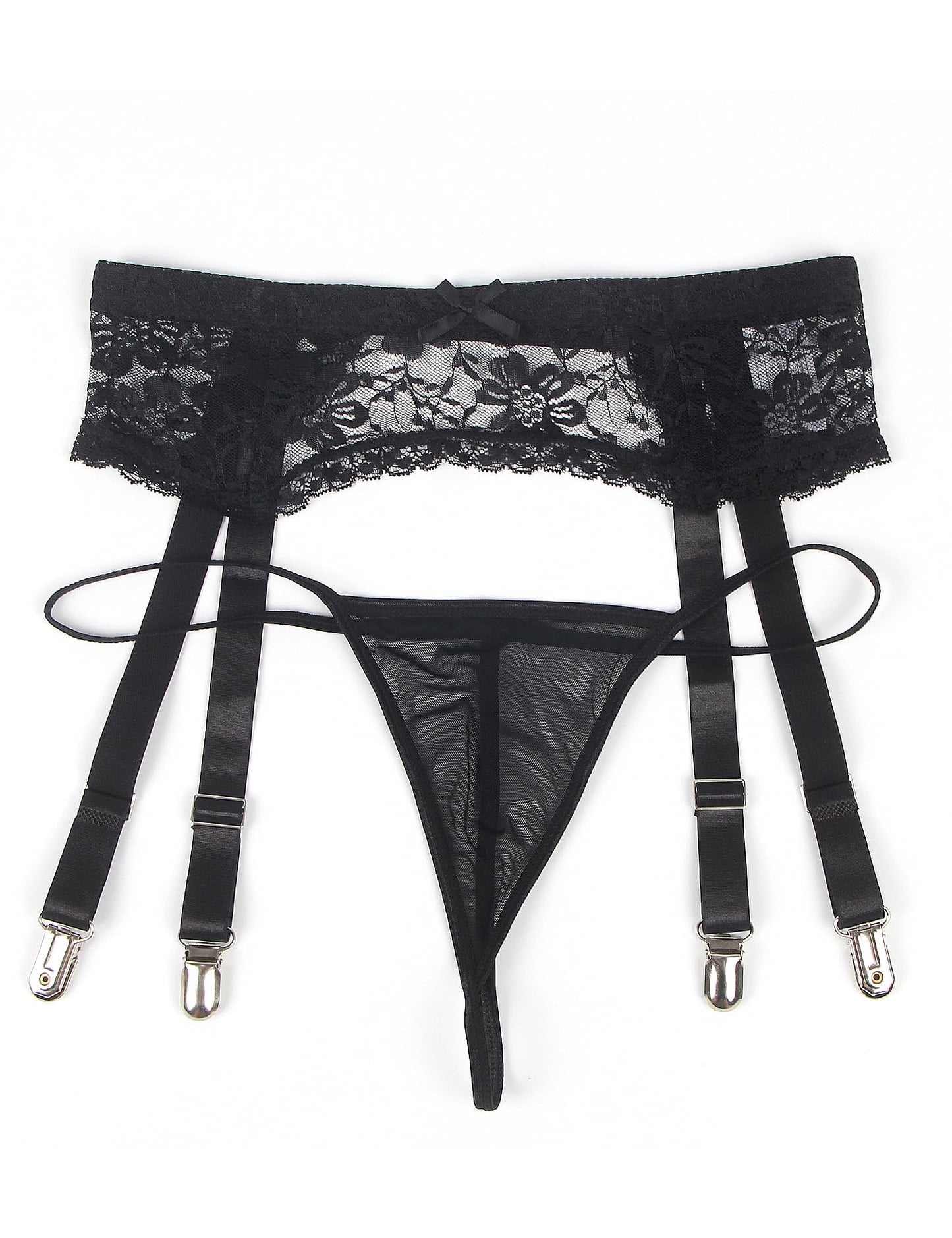 ohyeahlady Men's Lace Garter Belt Adjustable Suspenders with 4 Meatal Clip Breathable Mesh Lingerie for Thigh High Plus Size Black S