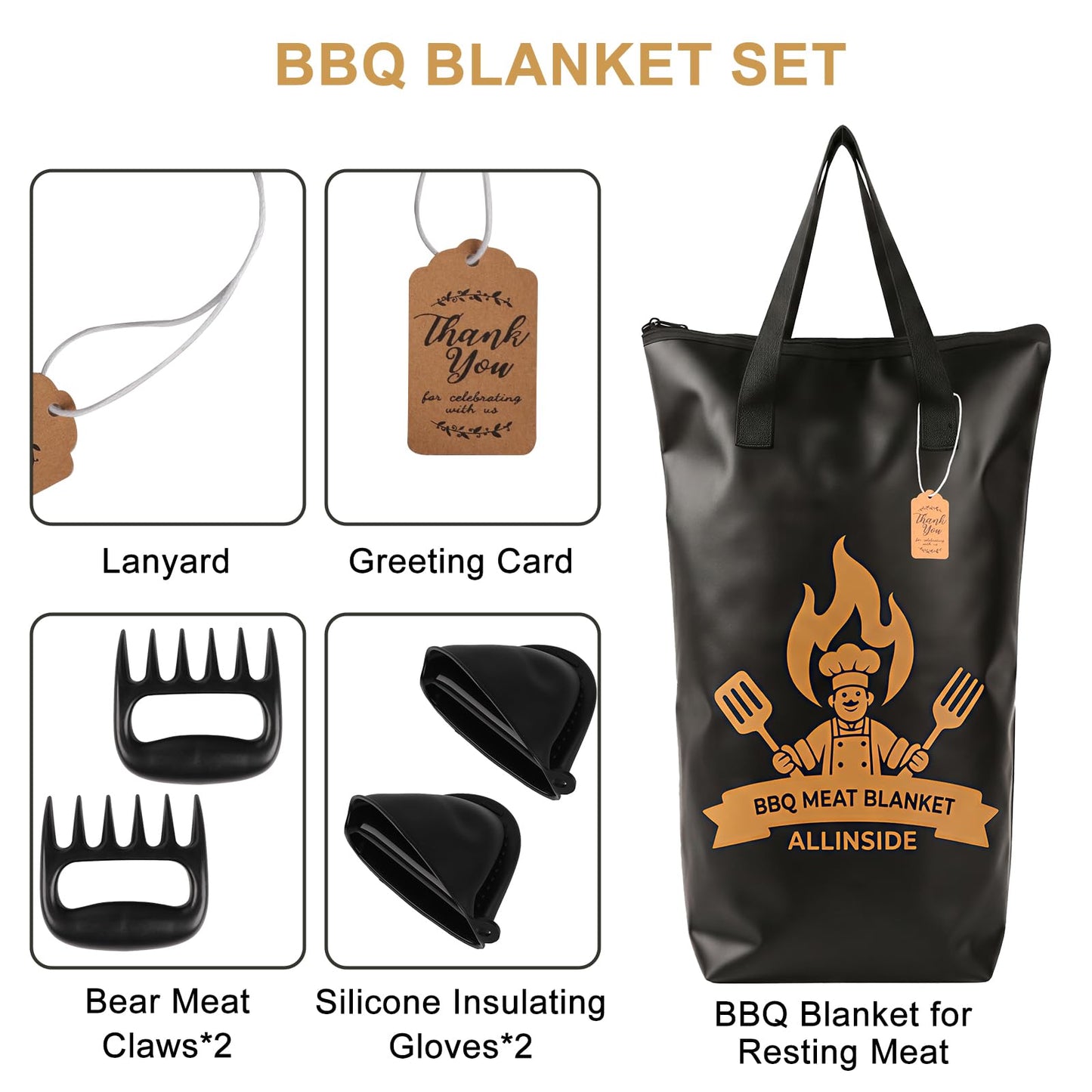 Allinside BBQ Blanket for Resting Meat - Extra Large Insulated Meat Resting Bag with 2 Meat Shredder Claws, 2 Silicone Heat-Resistant Gloves, Greeting Card & Lanyard | Reusable Grilling Accessory