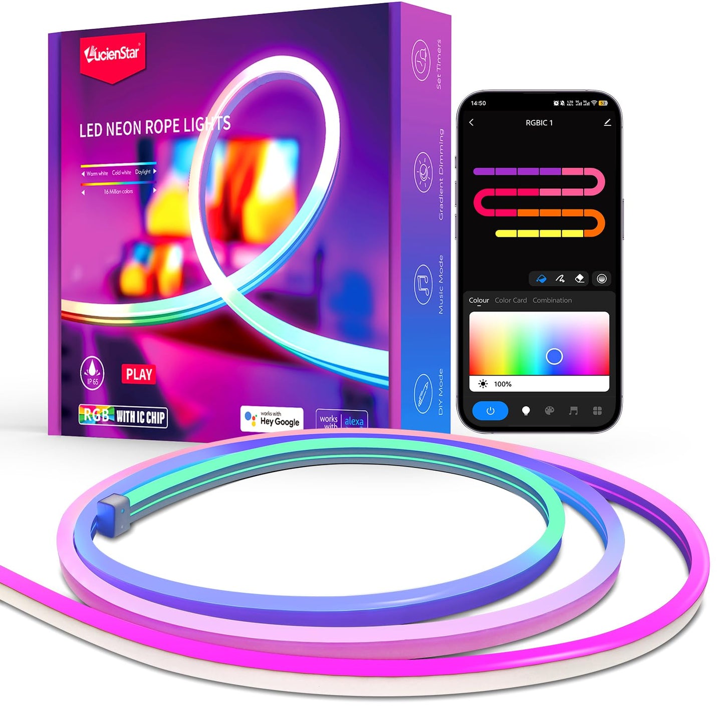 Lucienstar Neon Rope Lights, Smart RGB+IC Neon Light Strip, Voice Control via Alexa, Google Assistant, Flexible Custom DIY LED Strip Lights for Bedroom, Wall Decor, 16.4 ft (2.4G WiFi Only)
