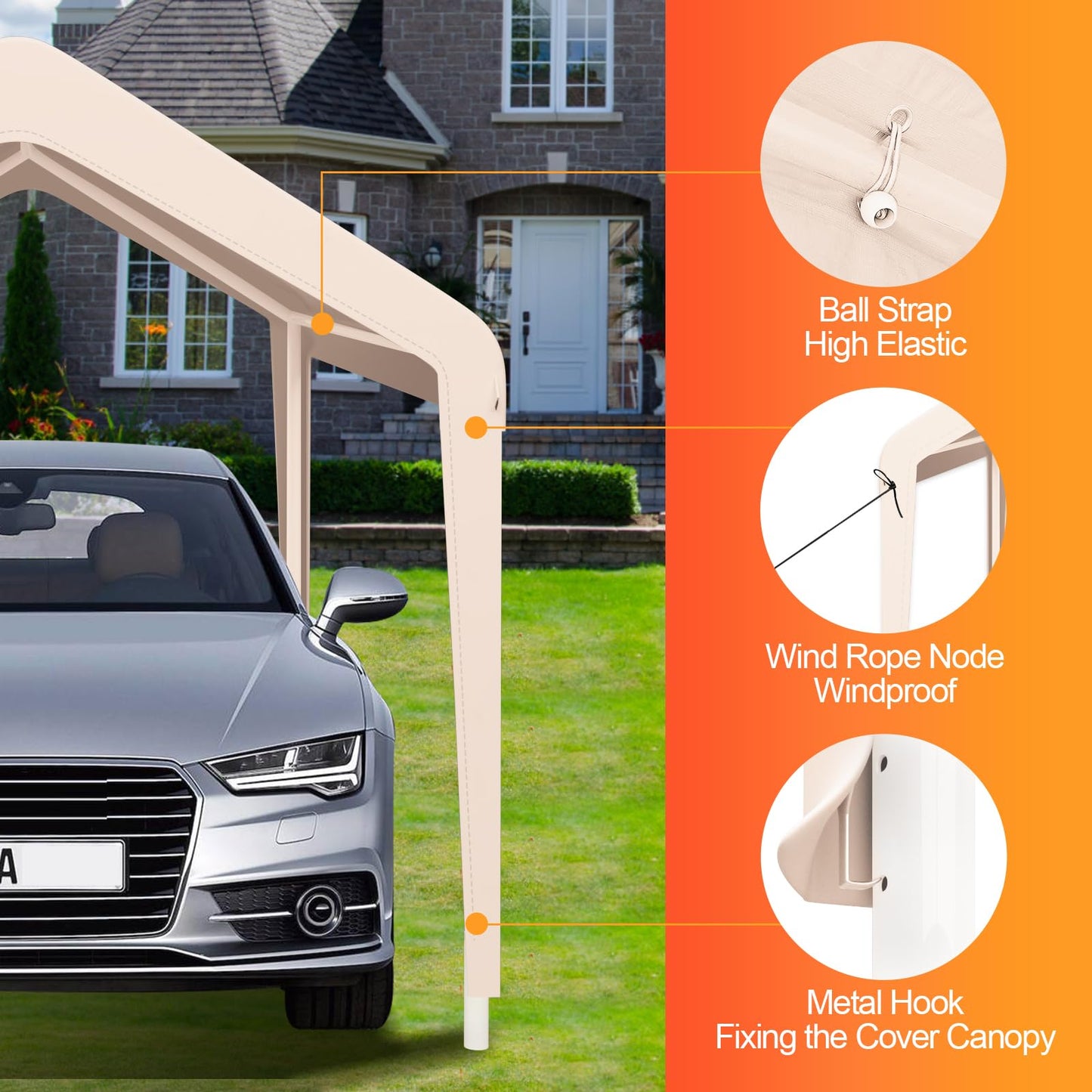 Carport Canopy 10'x20' Heavy Duty Replacement Cover, Garage Shelter Cover 800D Oxford Waterproof & UV Protected Tarp with Ball Bungees, Not Include Frame - Beige