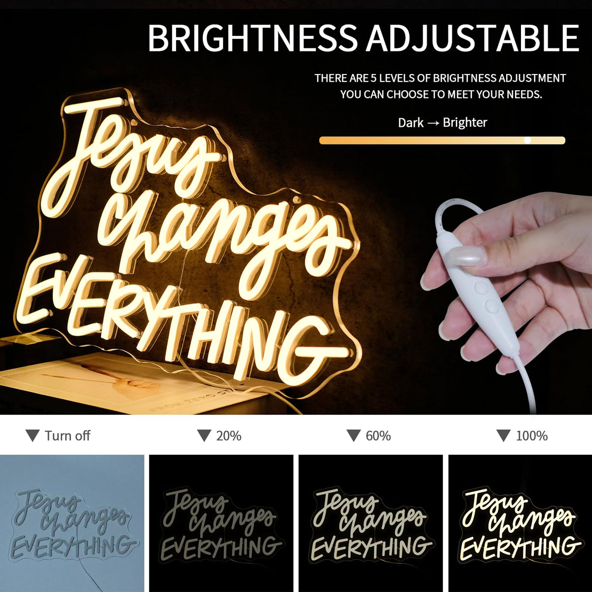 Virlusy Jesus Changes Everything Neon Sign for Wall Decor Dimmable White Christian Neon Signs Letters Led Neon Lights Signs LED Signs for Church Bedroom Home Party Decoration Christams Easter Gifts