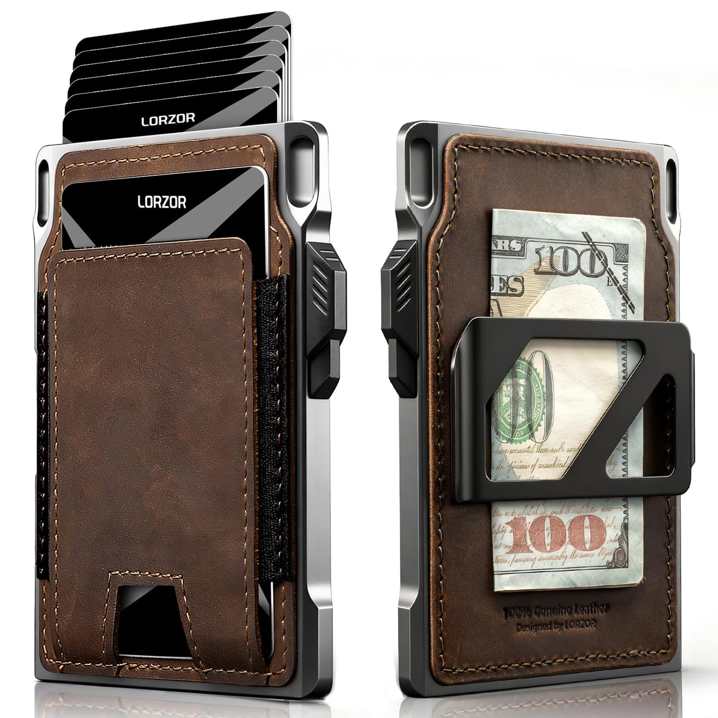 LORZOR Slim Tactical Wallet for Men- Minimalist Front Pocket Full Grain Leather Wallet for 10 Cards, RFID Blocking Aluminum Cardholder, Smart Pop Up Card Case, Money Clip, Gift Boxed(DistressBrown)