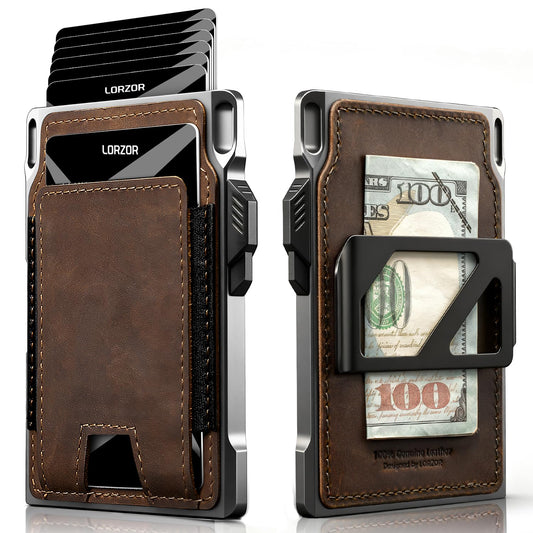 LORZOR Slim Tactical Wallet for Men- Minimalist Front Pocket Full Grain Leather Wallet for 10 Cards, RFID Blocking Aluminum Cardholder, Smart Pop Up Card Case, Money Clip, Gift Boxed(DistressBrown)
