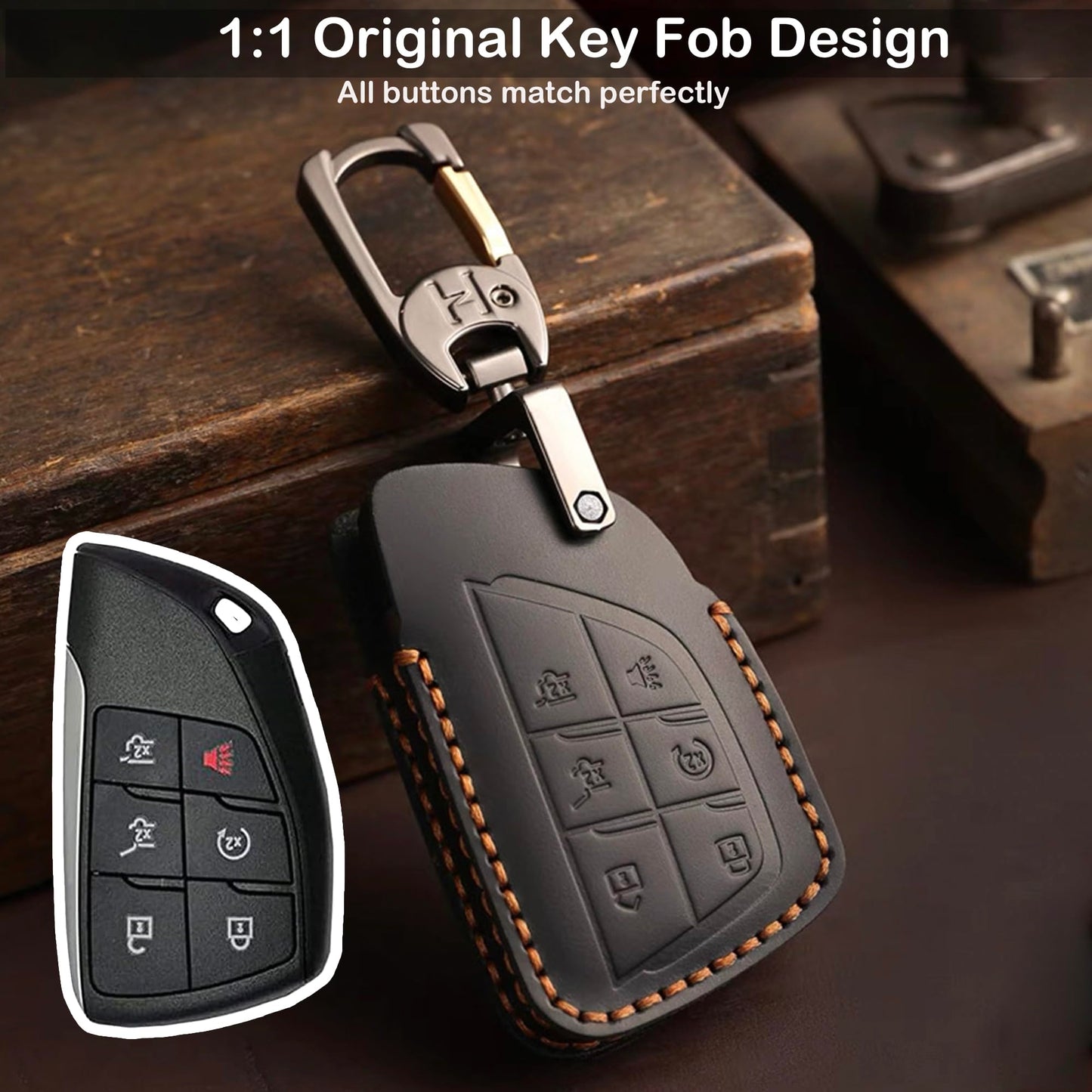 Leather Key Fob Cover for Chevy, Retro Smart Fob Protection Case Compatible with 2021 2022 2023 2024 2025 Chevy Tahoe Suburban GMC Yukon Denali Sierra Silverado Buick (Black, 6 Buttons)