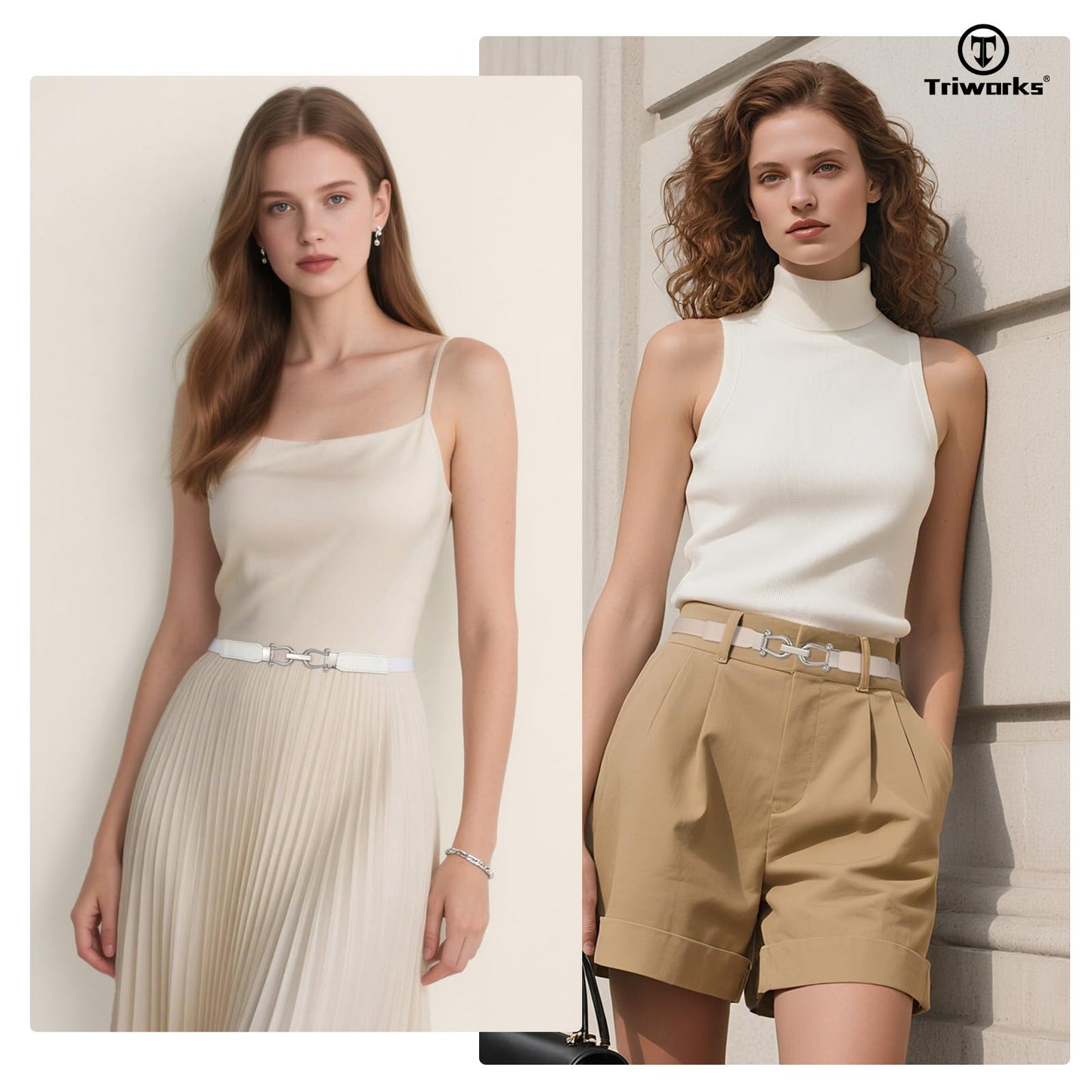 TRIWORKS 4 Pack Skinny Elastic Belts for Women Silver Buckle Thin Stretchy Waist Belts for Dresses
