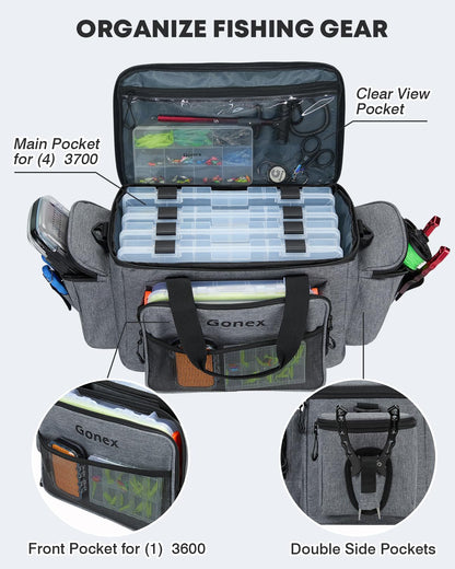 Gonex Fishing Tackle Bags for Saltwater & Freshwater, Fishing Gear Storage Bag with Water Resistant Bottom Suitable for 3600 3700 Size Tackle Box (Grey)