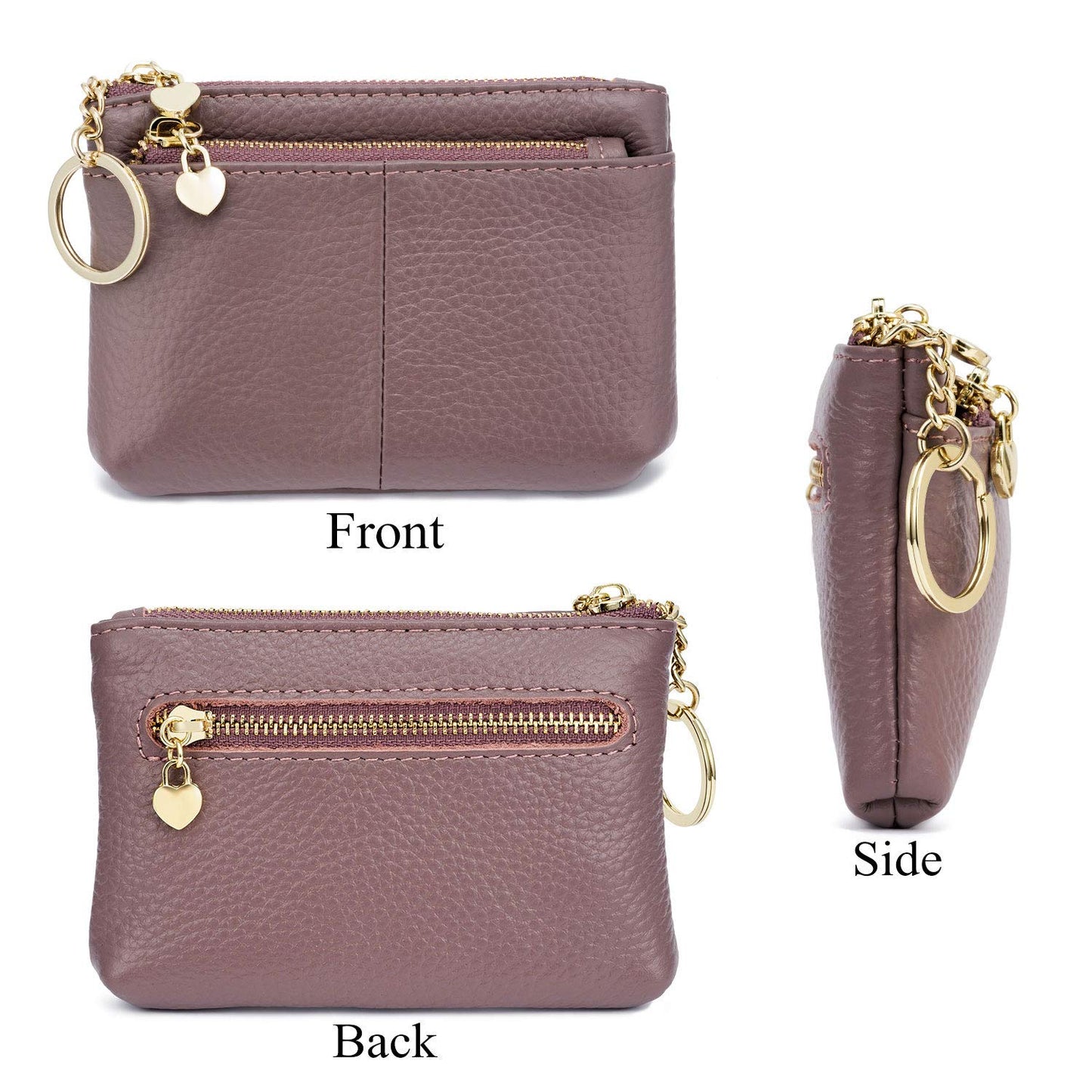 ZOOEASS Coin Purse Women Genuine Leather Zip Mini Purse With Key Ring Triple Zipper Card Holder Wallet (Purple)