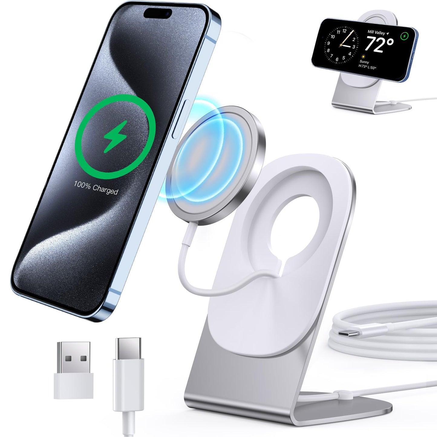 Magnetic Wireless Charger Mag-Safe Charger for iPhone 17/16/15/14/13/12 Series Convertible Magnet Wireless Charging Stand/Pad with 5ft Cable for iPhone and AirPods 2/3/Pro 2/Pro
