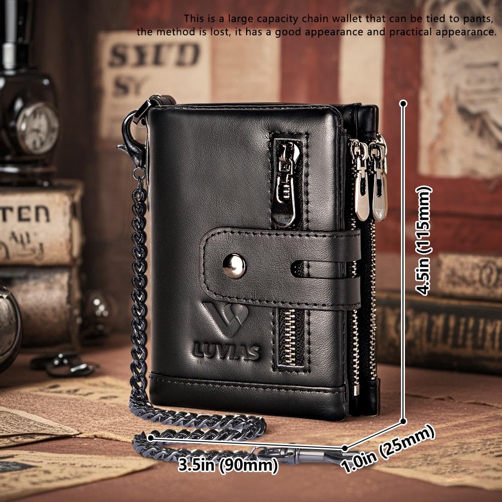 V LUVIAS Anti-Theft Mens Wallet with Chain Genuine Leather ID Window Purse with RFID Blocking Bifold Double Zipper Coin Pocket with Gift Box