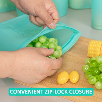 Reusable Food Bags, 12 Pack 100% Silicone Food Storage Bags Stand Up Zip Lock Container, Freezer Microwave Oven Dishwasher Safe, 4 Medium 4 Small 4 Extra Small, Aqua