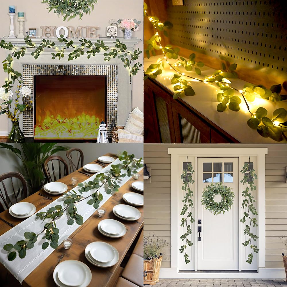 6.56FT Eucalyptus Garland with Lights 96 LEDs 8 Modes Battery Operated with Timer Faux Twig Vine Lights Spring Greenery Garlands for Mantle Fireplace Wall Table Stairs Wedding Party Bedroom Home Decor